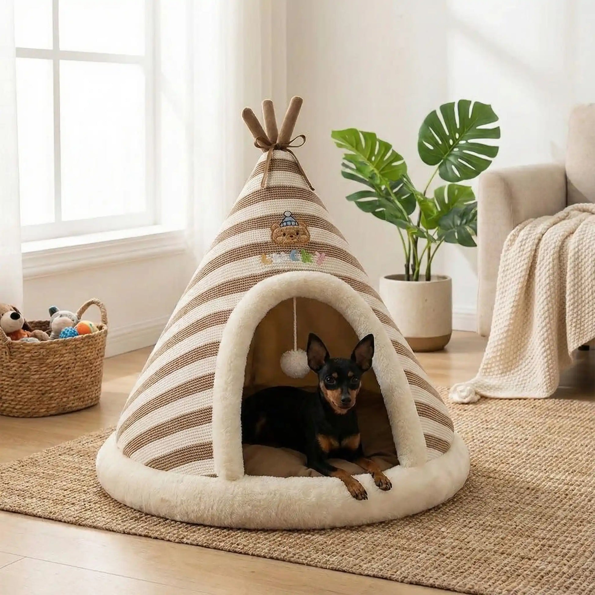 Tipi-pour-chien-cocon-anti-anxiété-coton-coussin amovible au rembourrage 100% Coton PP antidérapant et imperméable hypoallergénique et chaud-design mignon rayure avec une balle interactive en peluche accroché à l'entrée- pour chiot et chien de petite taille de 0 à 9 kilos-un Pinscher nain couché confortablement dans le tipi douillet sur le coussin ergonomique 100% coton amovible et lavable en machine dans le salon de l'appartement