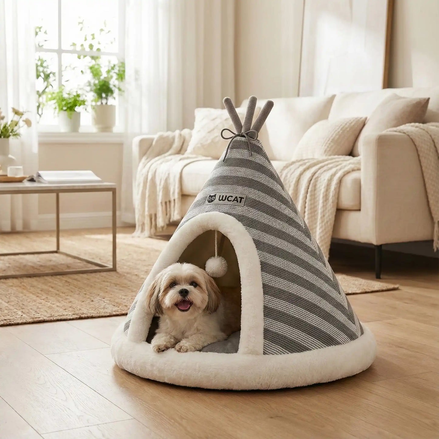 Tipi-pour-chien-cocon-anti-anxiété-coton-coussin amovible au rembourrage 100% Coton PP antidérapant et imperméable hypoallergénique et chaud-design mignon rayure avec une balle interactive en peluche accroché à l'entrée- pour chiot et chien de petite taille de 0 à 9 kilos-un petit chien couché confortablement et heureux dans le tipi douillet sur le coussin ergonomique 100% coton amovible et lavable en machine dans le salon de l'appartement