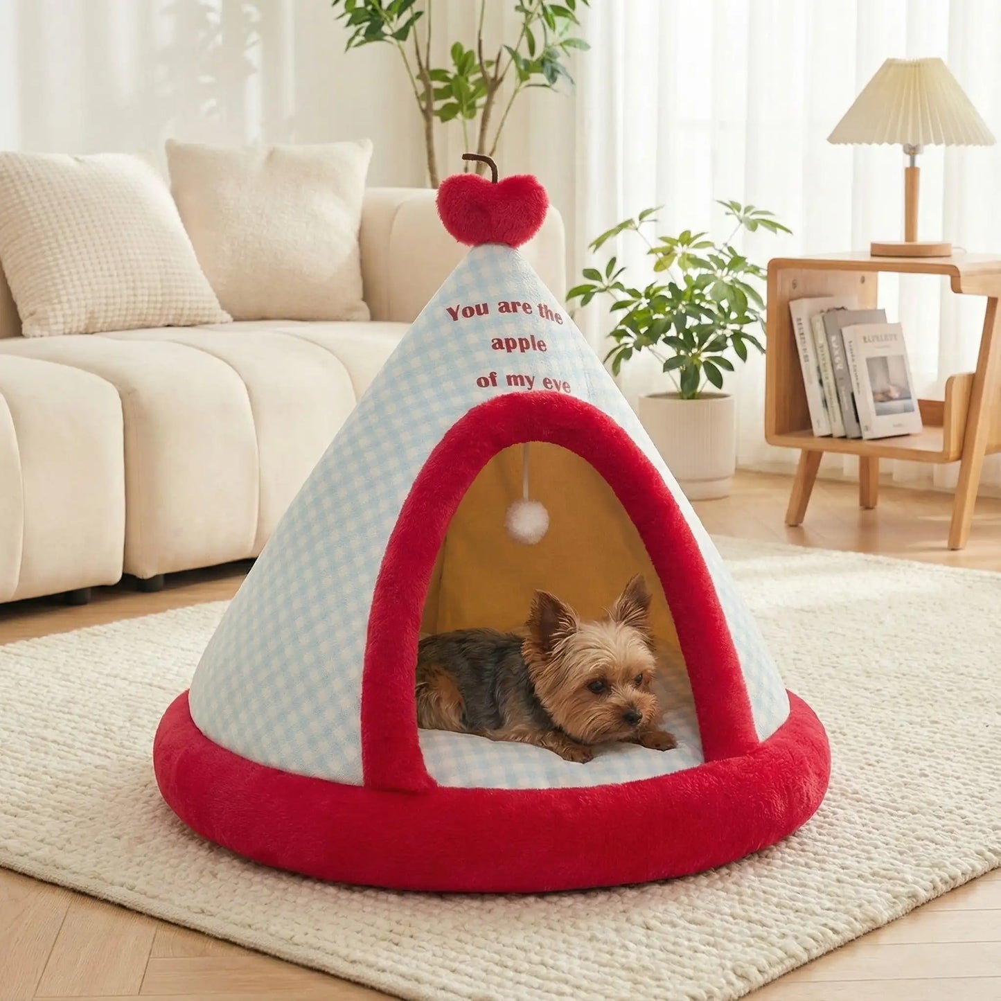 Tipi-pour-chien-de-petite-à-moyenne-taille-douillet chaud en velours et 100% coton avec son coussin intérieur rond moelleux et épais lavable en machine hypoallergénique avec jouet interactif avec sa balle avec corde intégré- de couleur bleu et jaune clair pour chiot et chien de 0 à 15 kg maximum- fond antidérapant et imperméable-un Yorkshire qui se repose confortablement dans sa niche en forme de tipi dans le salon de la maison