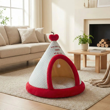 Tipi-pour-chien-de-petite-à-moyenne-taille-douillet chaud en velours et 100% coton avec son coussin intérieur rond moelleux et &pais lavable en machine hypoallergénique avec jouet interactif avec sa balle avec corde intégré- de couleur bleu et jaune clair pour chiot et chien de 0 à 15 kg maximum- fond antidérapant et imperméable-de couelur rouge et carreaux vichy bleu et blanc avec un coeur au sommet de couleur rouge en 3 tailles S, M et L 