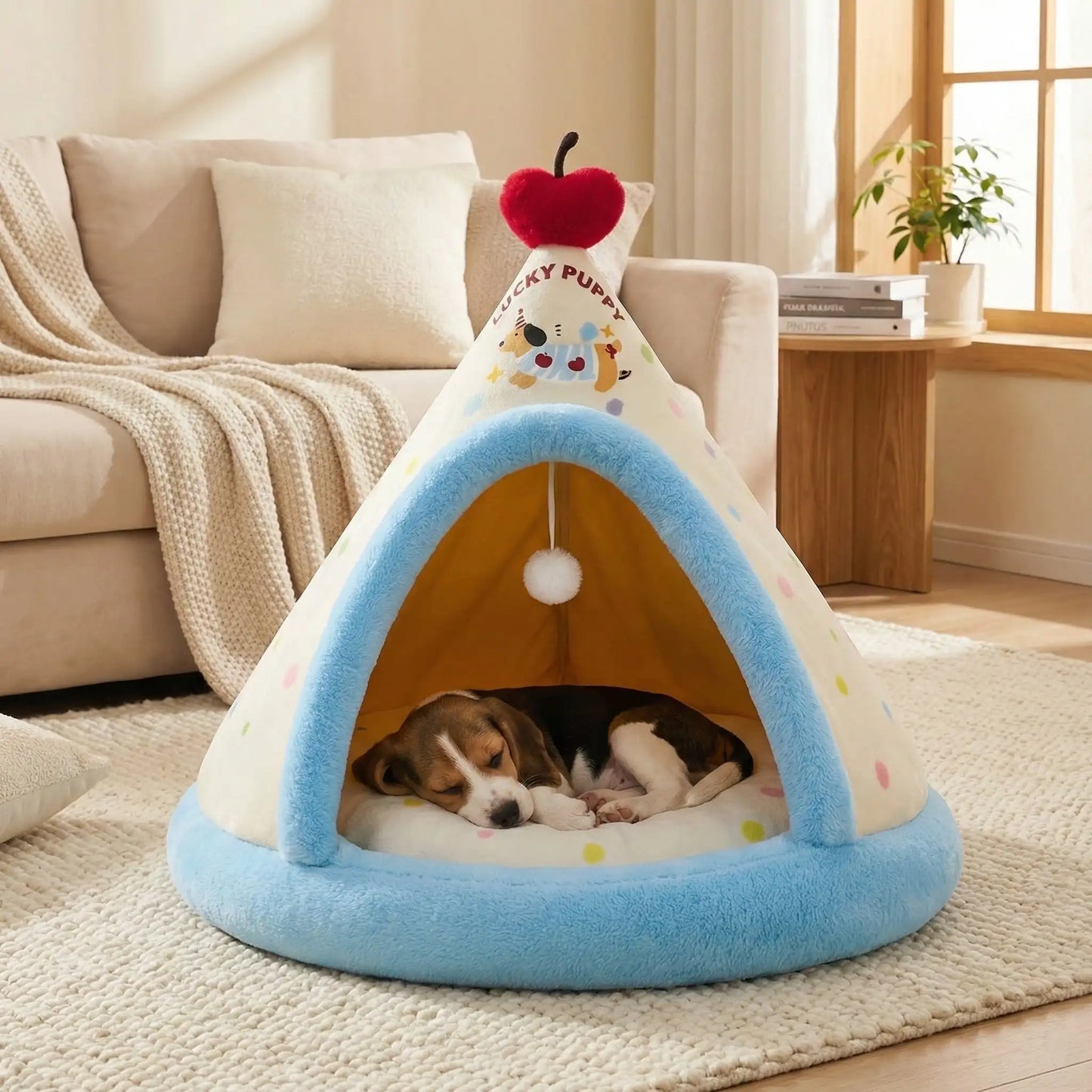 Tipi-pour-chien-de-petite-à-moyenne-taille-douillet chaud en velours et 100% coton avec son coussin intérieur rond moelleux et &pais lavable en machine hypoallergénique avec jouet interactif avec sa balle avec corde intégré- de couleur bleu et jaune clair pour chiot et chien de 0 à 15 kg maximum- fond antidérapant et imperméable-un chiot de race moyennequi dort paisiblement en boule dans le tipi bleu dans le salon de la maison