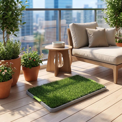 Toilettes-chien-chiot-gazon-antidérapant, 3 couches : un plateau de recueil, une grille anti-odeur, lot de 2 surfaces en pelouse artificielle douces et résistantes, lavable à l'eau et en machine, réutilisable, économique, matériaux écoresponsable et non toxique pour chiot et chien de petite race de 0 à 9 kilos max, utilisation intérieure - gros plan sur les toilettes en gazon économique, réutilisable, décoratif et pratique pour chiot et chien de petite taille de 67 cm de long sur le balcon de l'appartement
