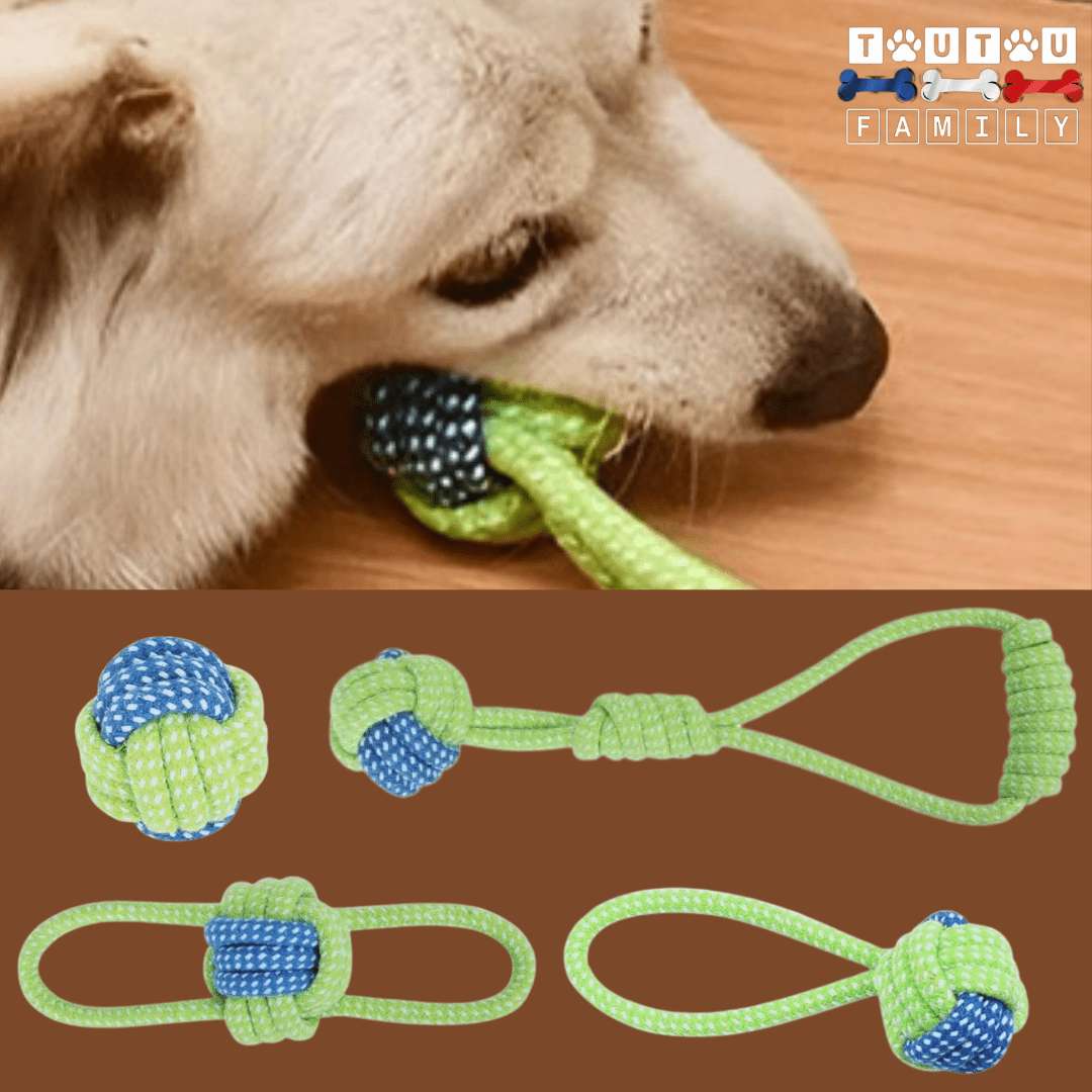 Balle-pour-chien-avec-corde-chiot-avec-noeuds-solides, vendues en lot de 4 ou 7 jouet avec différentes balles et longueur de corde, jouet à mâcher et balles en corde en coton et polyester doux et ultra-résistante -gros plan sur le lot de 4 balles, 3 avec cordes de différentes longueurs pour jeux tugs et une balle simple en corde tressée pour chiens et chiots