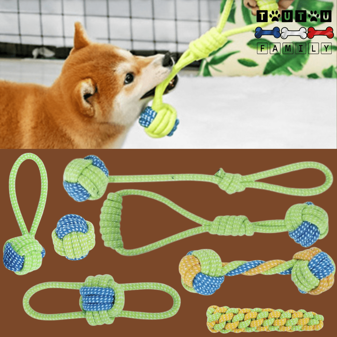 Balle-pour-chien-avec-corde-chiot-avec-noeuds-solides, vendues en lot de 4 ou 7 jouet avec différentes balles et longueur de corde, jouet à mâcher et balles en corde en coton et polyester doux et ultra-résistante -gros plan sur le lot de 7 balles, 3 avec cordes de différentes longueurs pour jeux tugs et une balle simple en corde tressée, une haltère avec deux balles aux extrémités en corde, et un jouet de dentition en corde  pour chien et chiot