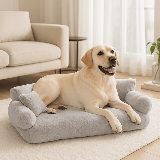 canape-chien-XXL-dehoussable-un-labrador couché confortablement sur son canapé-pour-chien-géant-spacieux-confortable-déhoussable-lavable-en-machine-housse-en-velours-doux-et-très-résistant-aux-griffes-morsures dans le salon de l'appartement