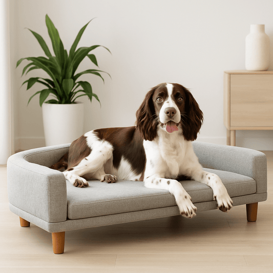 Canapé-pour-chien-sur-pied-imperméable-design scandinave moderne-un épagneul breton couché sur le canapé aux lignes épurés et arrondi en bois avec matelas épais au rembourrage coton déhoussable et lavable en machine pour chien de taille petite à moyenne dans le salon de l'appartement