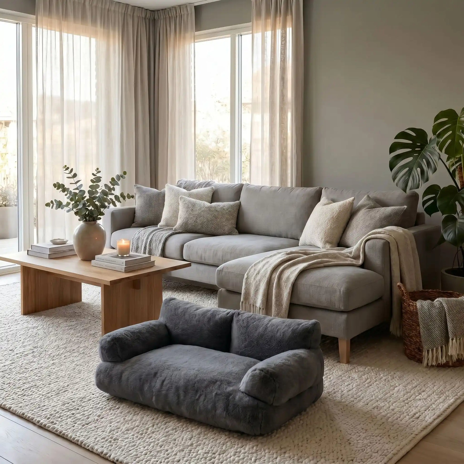 Canape pour chien et chiot de grande taille xxl de couleur gris foncé ou gris clair, déhoussable et lavable en machine, housse douce en peluche courte avec dossier et accoudoirs au rembourrage 100% coton PP ergonomique pour un soutien optimal-gros plan sur le canapé pour chien de couleur gris foncé en peluche douce au toucher velours dans le salon de la maison