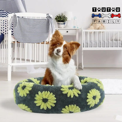 coussin-chien-lavable-coton-antidérapant-ultra-doux-espirant-et-chaud-un-border-collie-installé-confortablement-dans-son-panier-rond-en-forme-de-beignet-avec-rebord-100%-coton-entourant-et-anti-stress-dans-la-chambre