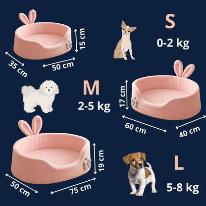 Coussin-pour-chien-chiot-guide-des-tailles-3 tailles-S-M et L pour chien nain et de petite taille-dimensions détaillées et poids correspondant du chien