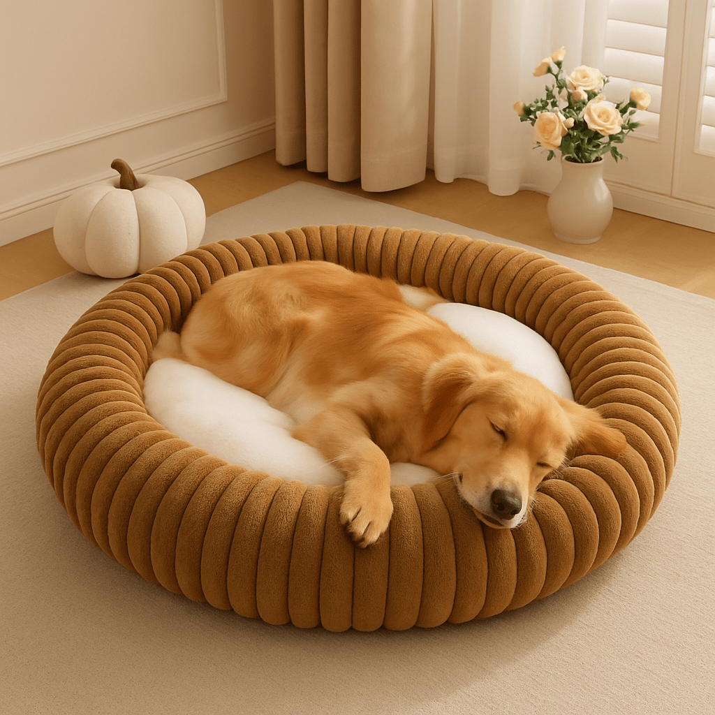 Coussin-pour-chien-xl-coton-velours-en forme de beignet lavable en machine, épais et moelleux, douillet, chaud et respirant-un golden retriever couché de tout son long dans le grand coussin 100% coton haute densité ergonomique et lavable en machine dans le salon douillet de la maison