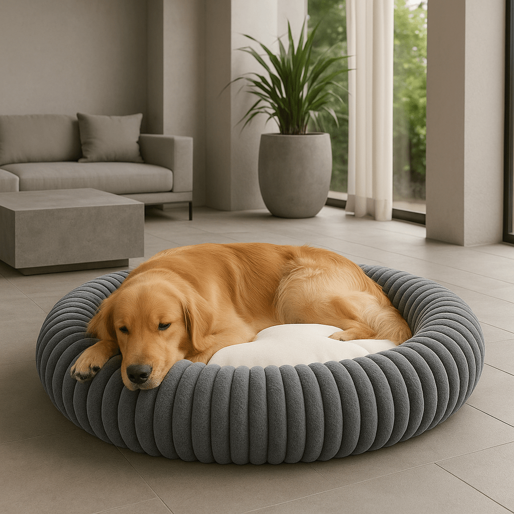 coussin-pour-chien-xl-velours-gris-un grand chien couché sur le ventre qui dort paisiblement dans le coussin ergonomique et épais rembourrage 100% coton haute densité lavable en machine dans le salon de la maison