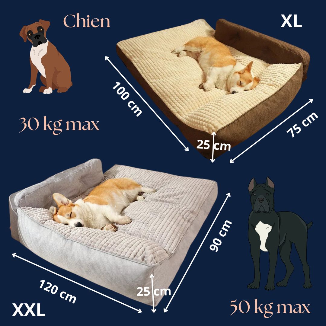 Coussin-pour-chien-xxl-et-xl-guide-des-tailles-dimensions détaillées pour grand chien avec correspondance du poids des chiens