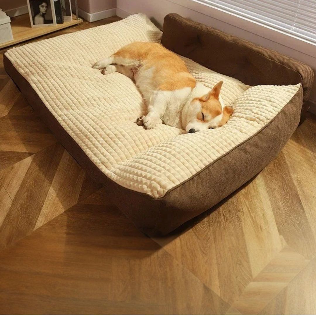 coussin-pour-chien-xxl-marron-déhoussable antidérapant, imperméable et lavable en machine-un chien qui dort sur le flanc paisiblement sur son lit xxl avec matelas en éponge 100% coton haute densité dans le salon