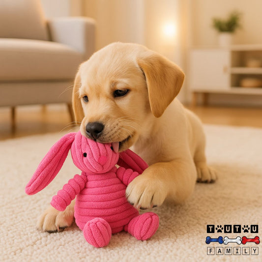 doudou-pour-chien-chiot un chiot labrador qui lèche et mordille sa peluche douce et solide lapin rose entre les pattes, couché dans le salon pour s'apaiser-jouet-d-occupation-jouet-à-mâcher-jouet-éducatif et anti destructeur