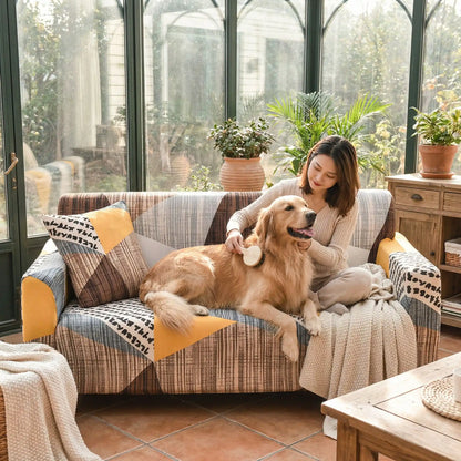 Protection-canape-chien-anti-poils-anti accident, lavable en machine, haute élasticité et resistante aux griffes et à l'usure, universelle en 4 tailles pour fauteuil, canapé de 2/3/4 places, avec élastique et bloque plis-un grand chien couché contre sa maitresse assise sur le canapé enveloppé de la housse graphique marron, blanche et orange , au design moderne bohème coloré et aux finitions soignées qui embellit la décoration avec du salon en bois de la maison