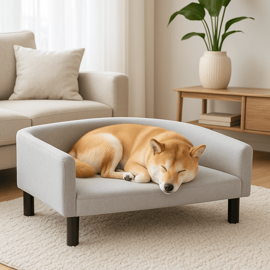 fauteuil-pour-chien-design-gris-un chien de taille moyenne qui dort paisiblement en boule sur son canapé entourant avec dossier et accoudoir arrondi avec pied en bois massif et tissu velours doux et résistant lavable dans le salon de l'appartement