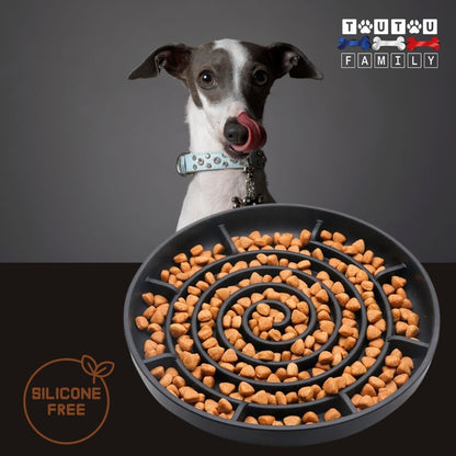 Gamelle-chien-anti-glouton-spirale-gris-un-chiot-lévrier-qi-se-lèche-les-babines-devant-sa-gamelle-en-silicone-sans-produits-toxiques-avec-ventouse-pour-alimentation-lente-fraîche-ou-sèche