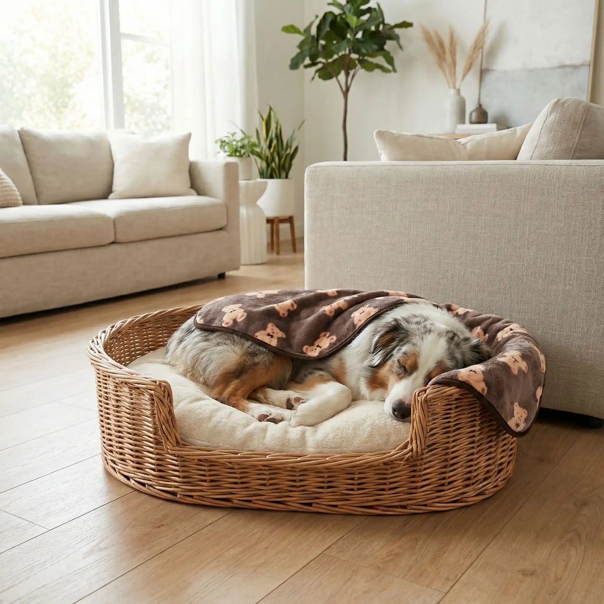 Couverture-polaire-pour-chien-lot-de-2 en coton, laine et polyester, ultra-douce, chaude et respirante, résistante aux griffes et morsures légère, lavable en machine et compatible sèche-linge, hypoallergénique, coutures soignées et solides en 3 tailles S, M et L pour chien de petite à moyenne taille à grande aille-2 tailles S et L pour chien de petite à grande taille-un chien de grande taille qui dort dans son panier en osier couvert au chaud par la couverture polaire marron dans le salon de l'appartement