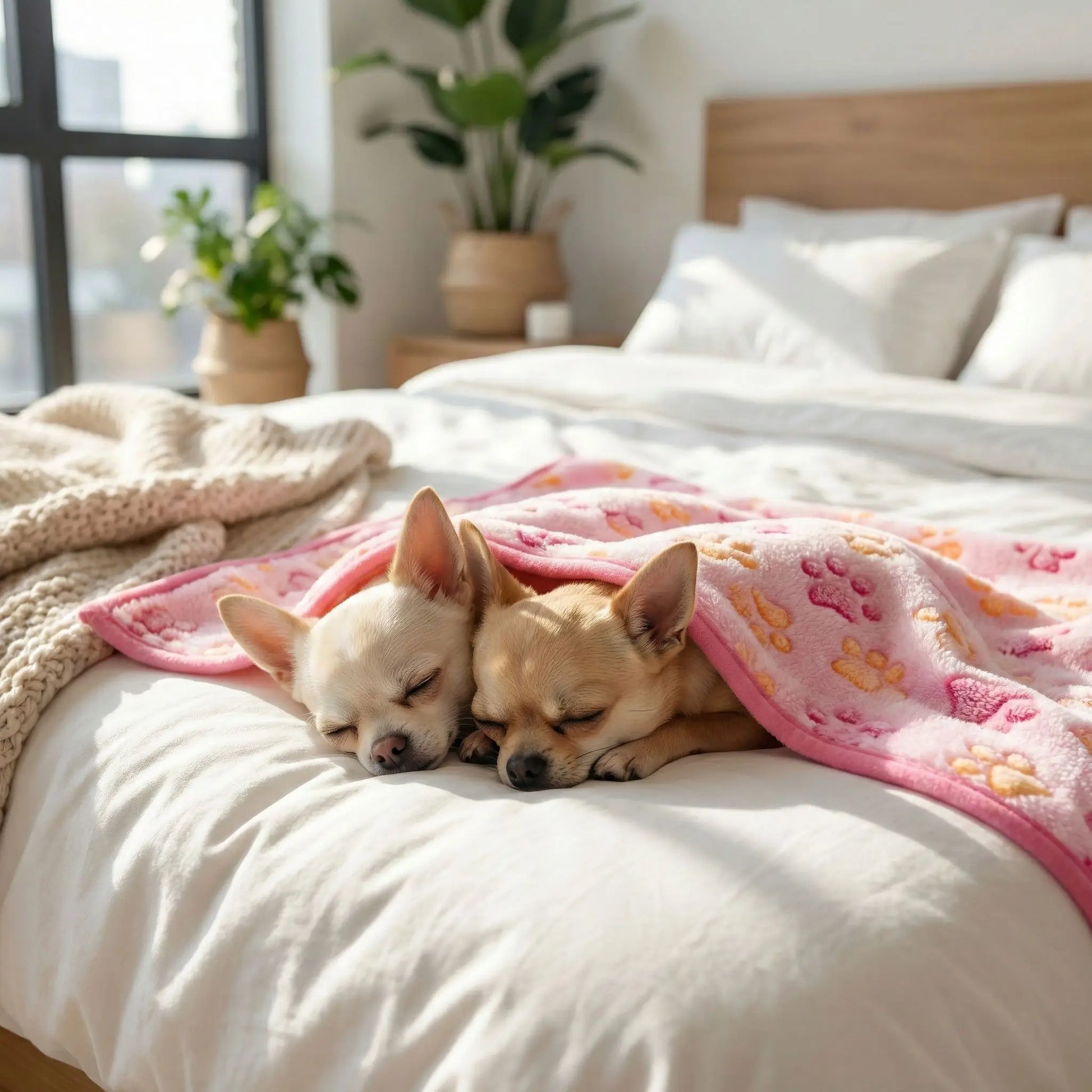 Couverture-polaire-pour-chien-lot-de-2 en coton, laine et polyester, ultra-douce, chaude et respirante, résistante aux griffes et morsures légère, lavable en machine et compatible sèche-linge, hypoallergénique, coutures soignées et solides en 3 tailles S, M et L pour chien de petite, moyenne à grande taille -2 tailles S et L pour chien de petite à grande taille-deux chihuahuas qui dorment côte à côte sur le liut sous la couverture polaire chuade net ultra douce de couleur rose