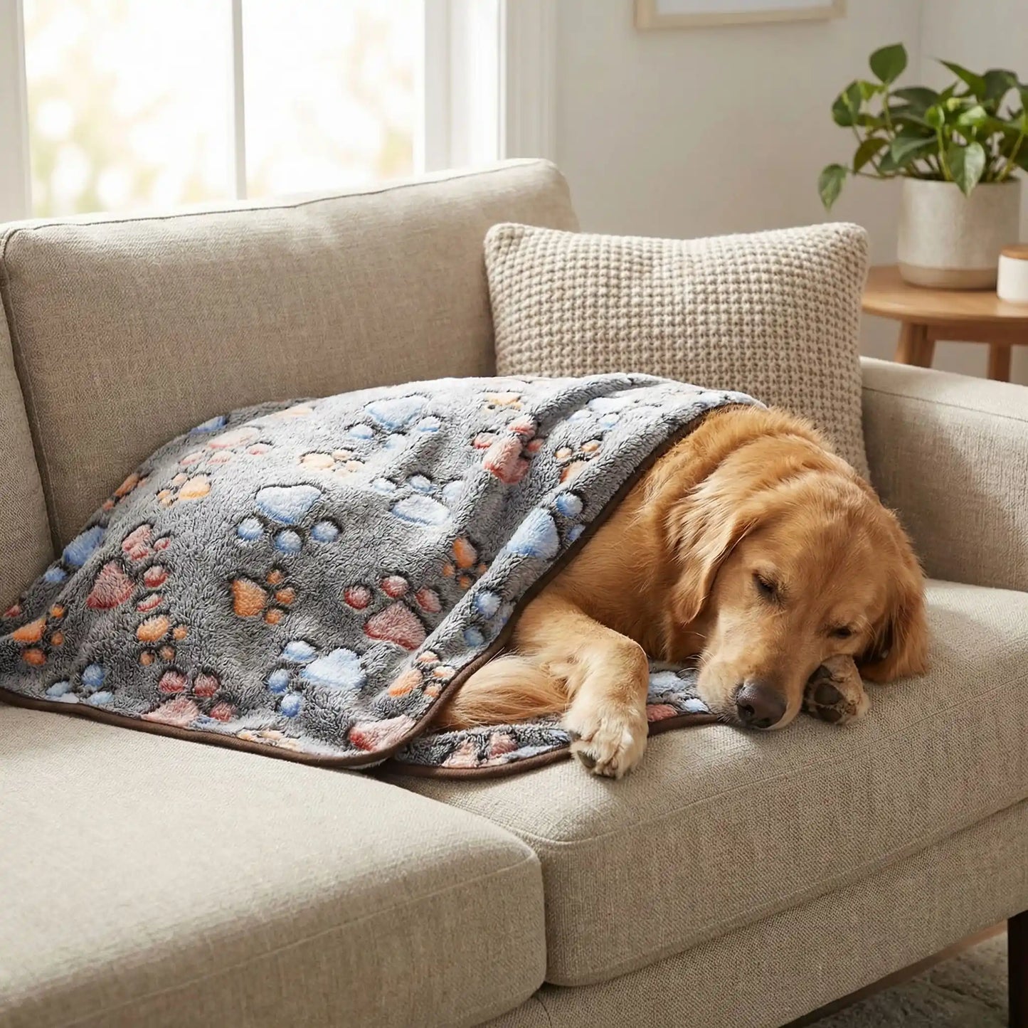 Couverture-polaire-pour-chien-lot-de-2 en coton, laine et polyester, ultra-douce, chaude et respirante, résistante aux griffes et morsures légère, lavable en machine et compatible sèche-linge, hypoallergénique, coutures soignées et solides en 3 tailles S, M et L pour chien de petite, moyenne à grande taille -2 tailles S et L pour chien de petite à grande taille-de couleur rgris au motif de pattes de chiens-un chien de grande taille qui dort paisiblement sur le canapé sous la couverture chaude 