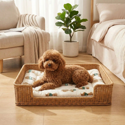 Tapis-pour-chiens-chiot en flanelle douche, hypoallergénique en coton ergonomique avec rebord surélevé de forme rectangulaire, lavable en machine et durable, resistant aux griffes et morsures légère, chaud et respirant-isolant du sol froid, comme couche supplémentaire pour coussin, lit, panier pour chien-un Caniche couché confortablement sur son tapis beige avec motif mignon sur dans le panier en osier dans la chambre de l'appartement