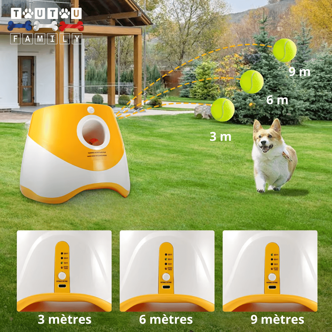 Lance-balle-automatique-pour-chien-3 longueurs réglables : 3/6/9 mètres avec 3 balles de tennis ⌀5 cm pour chien fournies, compatibles avec balles du même diamètre, de couleur blanc et orange, avec sa prise USB, détecteur de mouvement avec lancer automatique, jouet interactif transportable avec sa poignée compact et autonome pour chiot et chien de petite race- gros plan sur le lanceur de balle avec les 3 réglages de longueur de 3/6/9 mètres pour une utilisation en intérieur et extérieur