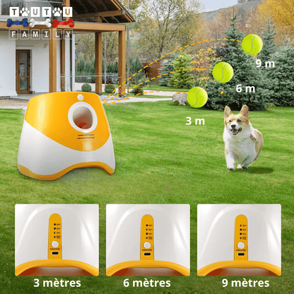 Lance-balle-automatique-pour-chien-3 longueurs réglables : 3/6/9 mètres avec 3 balles de tennis ⌀5 cm pour chien fournies, compatibles avec balles du même diamètre, de couleur blanc et orange, avec sa prise USB, détecteur de mouvement avec lancer automatique, jouet interactif transportable avec sa poignée compact et autonome pour chiot et chien de petite race- gros plan sur le lanceur de balle avec les 3 réglages de longueur de 3/6/9 mètres pour une utilisation en intérieur et extérieur