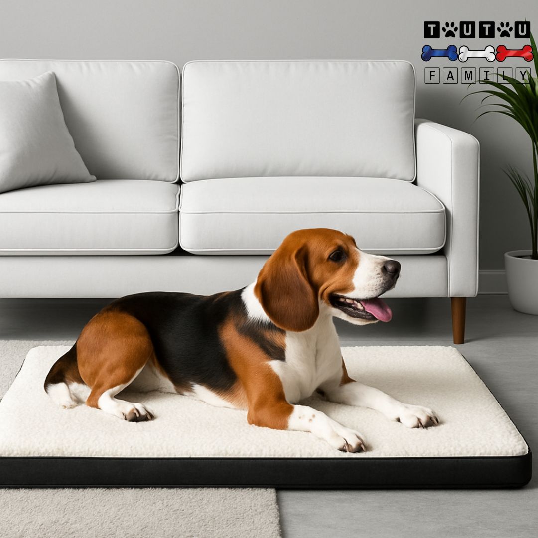 lit-chien-a-memoire-de-forme-un beagle couché de tout son long heureux sur son matelas orthopédique à mémoire de forme qui soutient parfaitement son corps et protège ses articulations déhoussable et lavable en machine 100% imperméable dans son salon