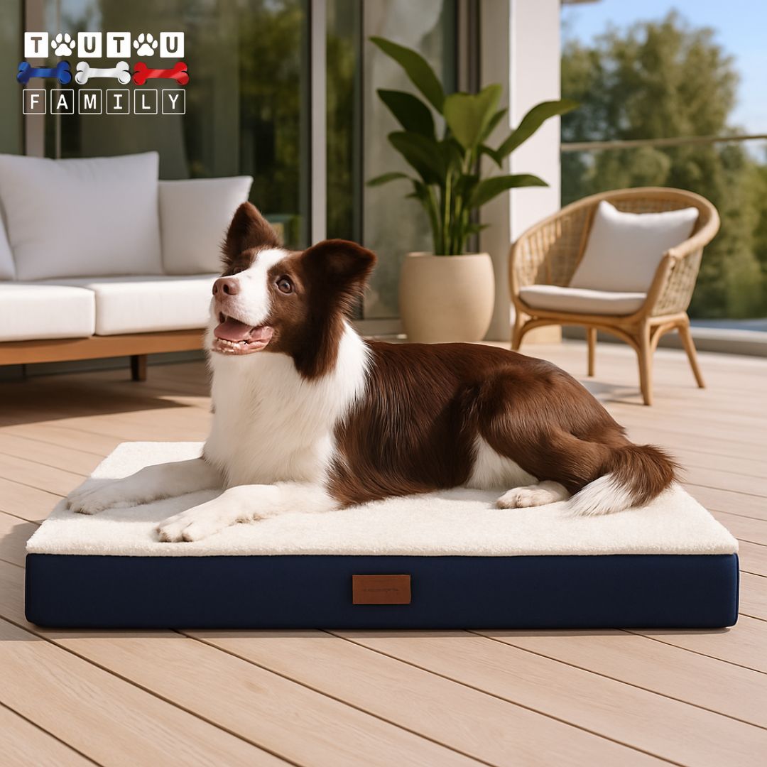 lit-chien-chiot-un Border Collie heureux et reposé sur son matelas orthopédique à mémoire de forme 100% coton haute densité de couleur bleu et blanc avec coté chaud en peluche et coté tissu respirant oxford résistant et 100% imperméable et lavable en machine pour un lit chien 4 saisons