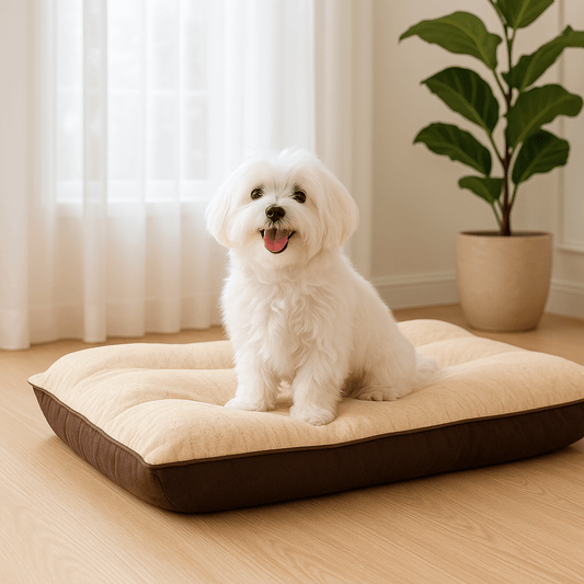 lit-chien-coussin-petit-et-moyen-chien-un chien confortable sur son lit rectangulaire rembourré comme un grand oreiller au rembourrage 100% coton PP avec une housse en suédine douce et tissu oxford imperméable pour chien jusqu'à 20 kg