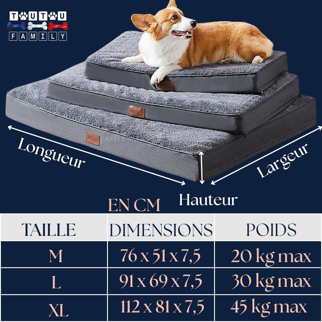 lit-chien-guide-des-tailles-3-tailles disponibles du petit moyen à grand chien ou chiot-dimensions détaillé et poids-lit pour chien jusqu'à 45 kg