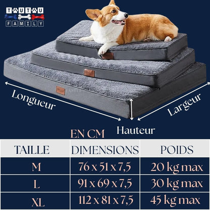 lit-chien-guide-des-tailles-3-tailles disponibles du petit moyen à grand chien ou chiot-dimensions détaillé et poids-lit pour chien jusqu'à 45 kg