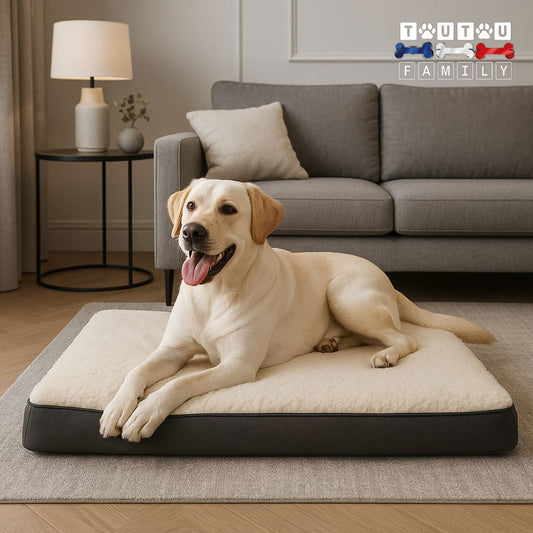 lit-chien-lavable-un labrador couleur sable couché confortablement sur le ventre et de tout son long sur son grand lit rectangulaire avec matelas à mémoire de forme 100% coton avec sa housse été hiver lavable en machine 
