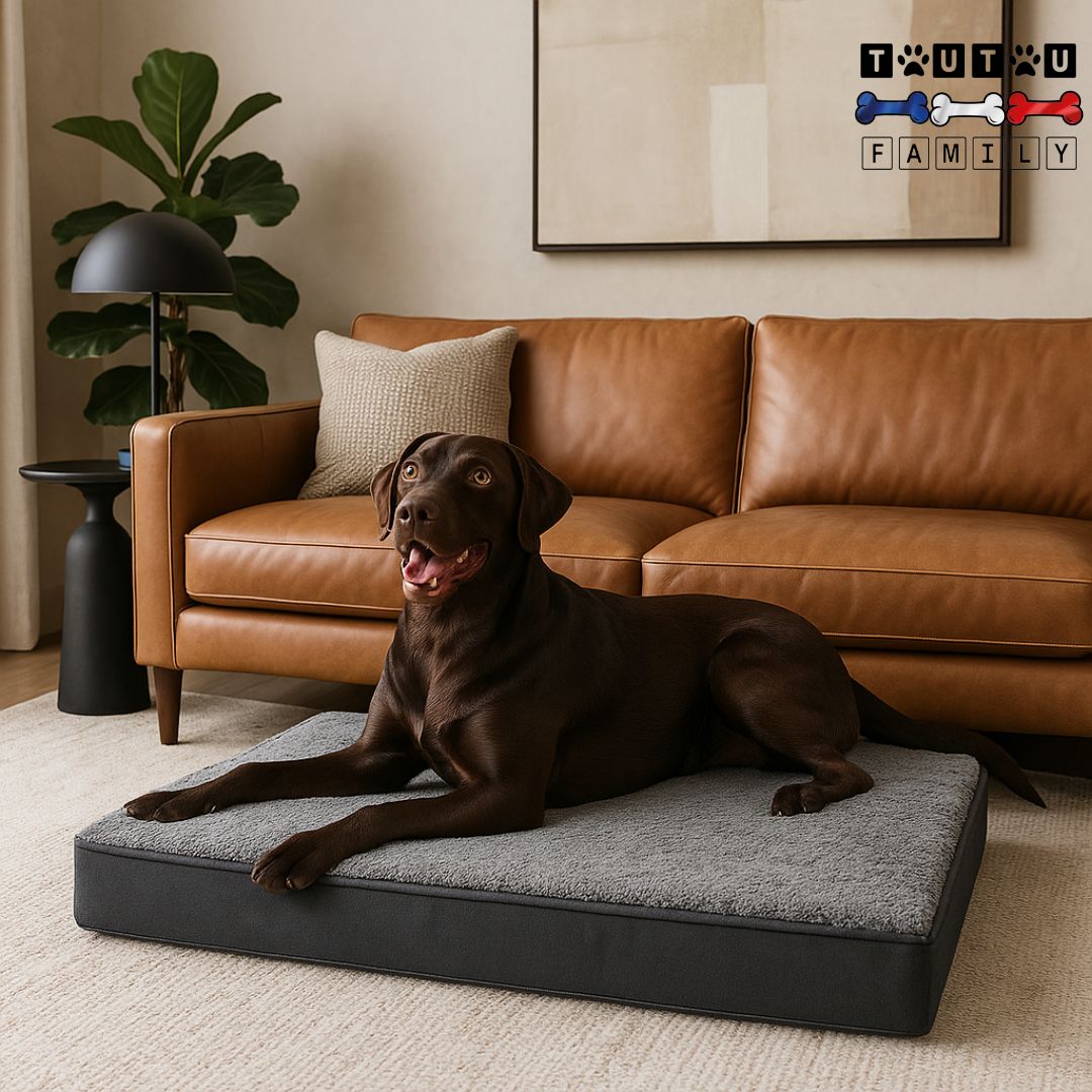 lit-chien-orthopédique-déhoussable-gris-un labrador chocolat couché confortablement sur son matelas orthopédique à mémoire de forme avec sa housse double-face été hiver en peluche et tissu oxford respirant 100% imperméable et lavable en machine dans son salon