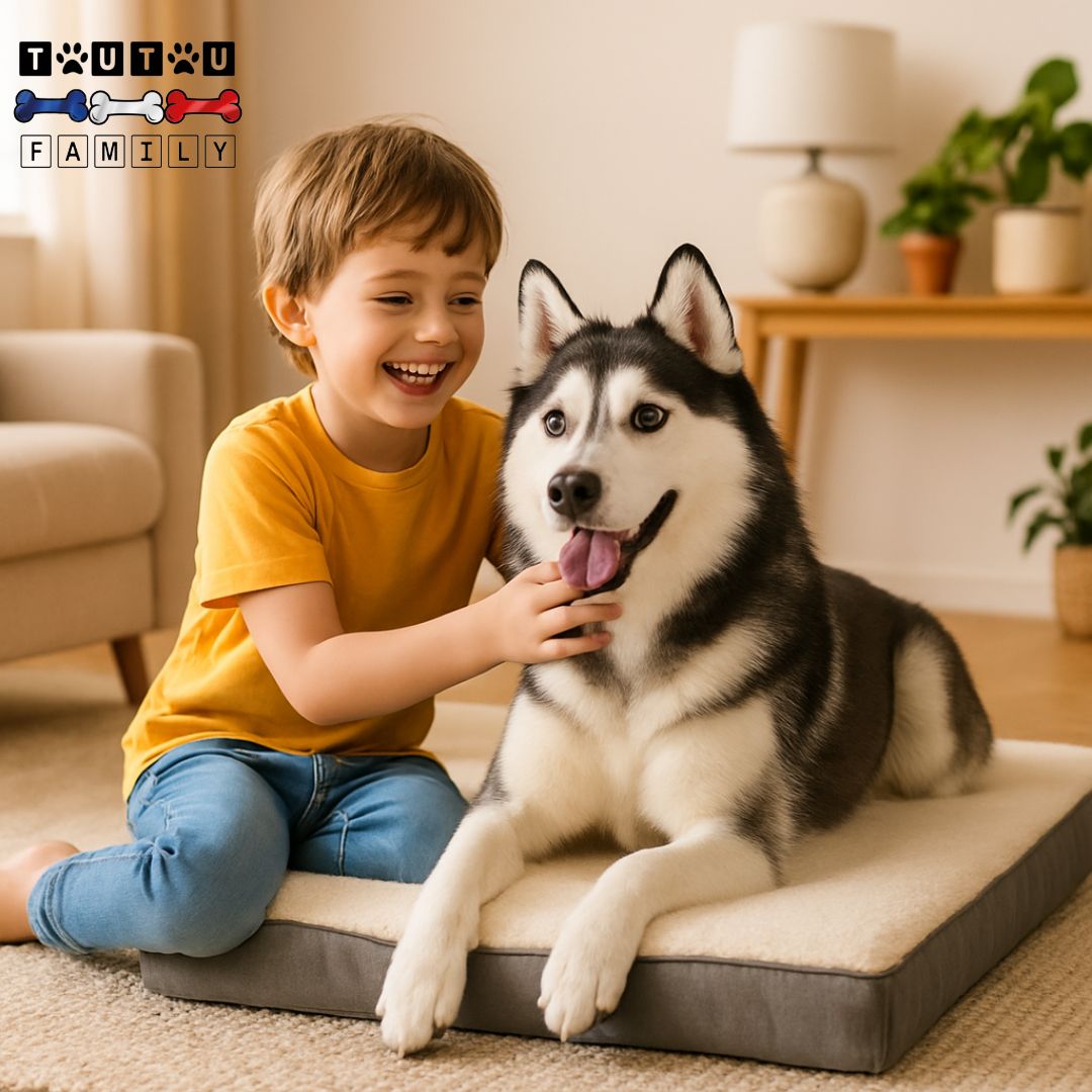 lit-chien-orthopédique-imperméable-un garçon assis et son grand chien couché sur son grand matelas à mémoire de forme pour une session câlin et jeu dans le salon-un lit déhoussable lavable et imperméable