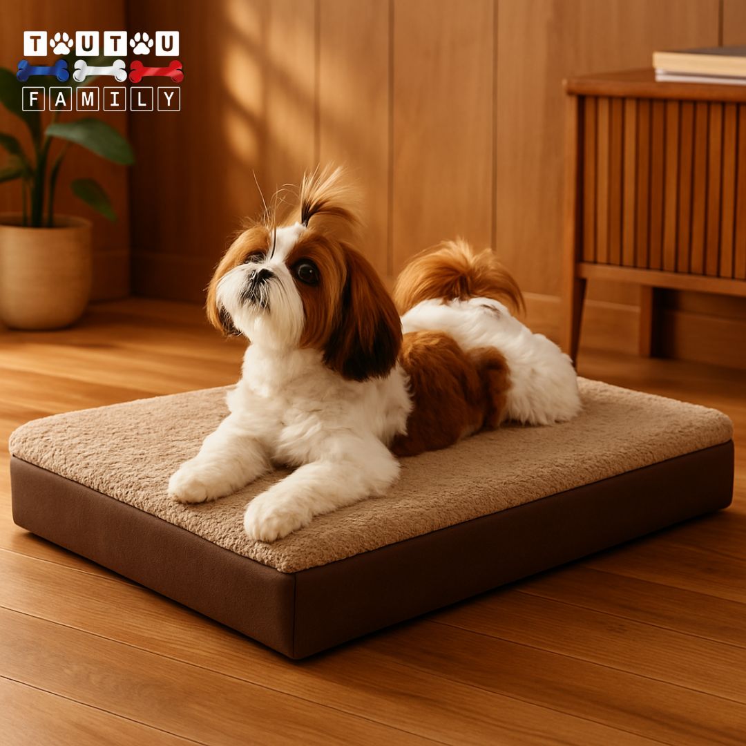 lit-chien-orthopédique-un Shih Tzu couché sur le ventre sur son matelas à mémoire de forme 100% coton haute densité avec sa housse marron double-face en peluche chaude et douce et tissu respirant 100% imperméable-durable et résistant aux griffes morsure et lavable en machine