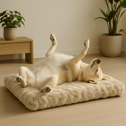 lit-chien-xxl-coussin-rectangulaire-antidérapant-déhoussable imperméable et lavable en machine-un labrador couleur sable qui dort sur le dos les pattes en l'air sur son lit xxl  dans maison 