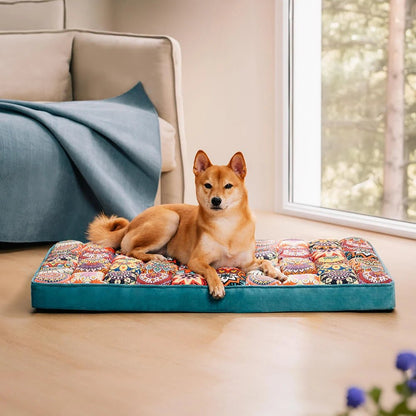 lit-orthopédique-chien-dehoussable-lavable-antidérapant-un-corgi-welsh-couché sur le matelas remplie à la main de 100% coton PP pour un rebond optimal qui soulage les articulations du chien avec sa poignée cousue pour le transport