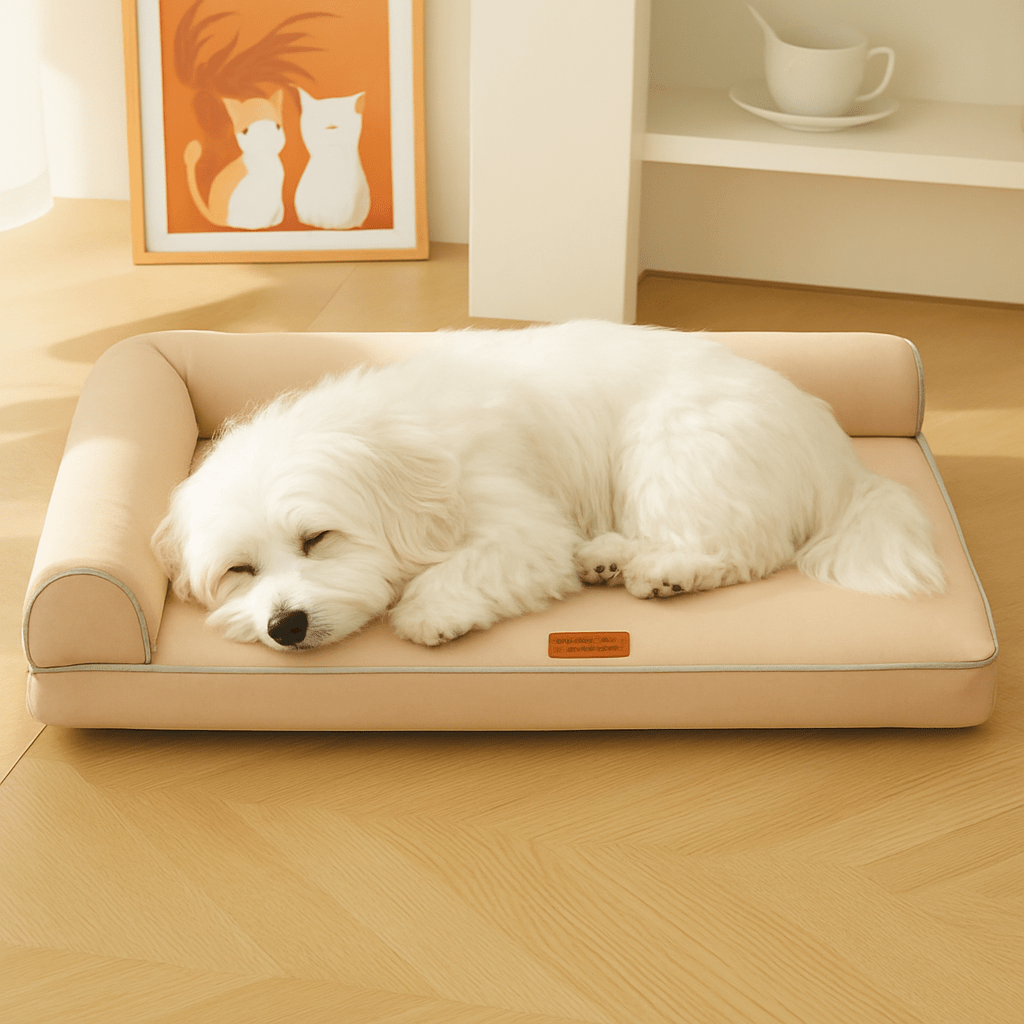 lit-orthopédique-chien-canapé-beige-bichon-maltais-couché-en-boule-dans son lit avec traversin 100% coton haute densité, matelas à mémoire de forme pour un soutien aux articulations-idéal pour chien âgés et souffrant d'arthrite-déhoussable et lavable en machine