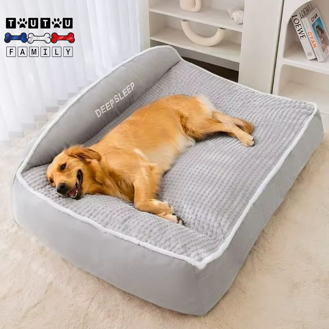 Lit-orthopédique-chien-coton-épais-douillet-chaud-confortable-un-golden-retriever-qui-dort-couché-de-tout-son-long-sur-son-flanc-sur-le-lit-gris-dans-son-salon