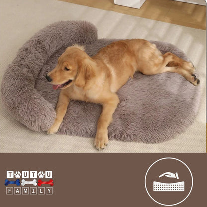 Lit-pour-chien-marron-matelas-orthopédique-un-chien-couché-confortablement-sur-son-matelas-à-mémoire-de-forme-avec-son-traversin-intégré-de-couleur-marron-clair