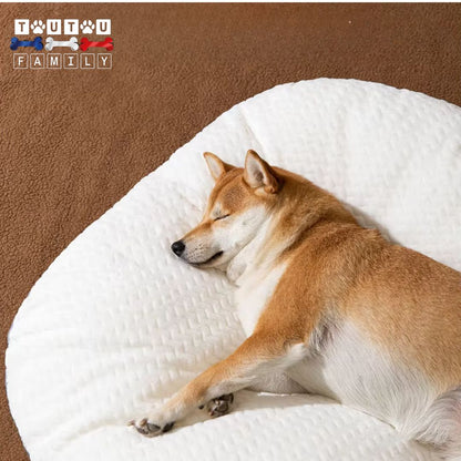 Lit-pour-chien-ergonomique-un-chien-couché-sur-le-flanc-qui-dort-paisiblement-enfoncé-dans-son-lit-au-rembourrage-épais-100%-coton-déhoussable-et-lavable-en-machine