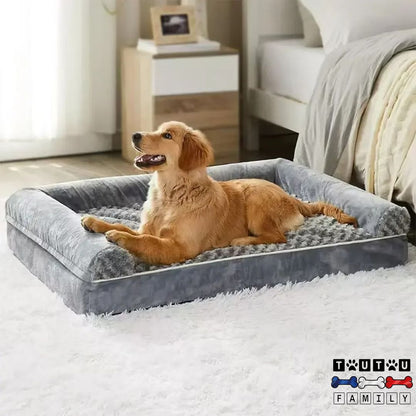 Lit-pour-chien-orthopédique-déhoussable-lavable-un-grand-chien-couché-confortablement-sur-son-lit-avec-coussin-intégré-à-côté-du-lit-de-son-maitre-dans-la-chambre