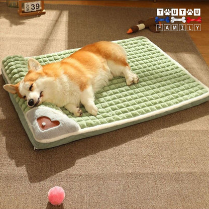 Lit-pour-chien-orthopédique-déhoussable-avec-coussin intégré coton PP haute densité indéformable pour un soutien ergonomique et cervical un chien qui dort paisiblement avec sa tête reposant sur le traversin 100% coton PP haute densité