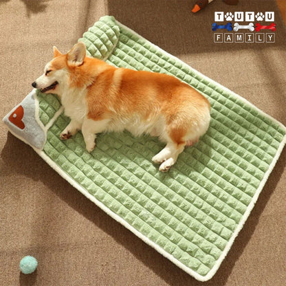 Lit-pour-chien-orthopédique-déhoussable-résistant-avec-traversin-intégré 100% coton haute densité un chien de taille moyenne-qui-dort sur le flanc sur son grand lit spacieux et ergonomique