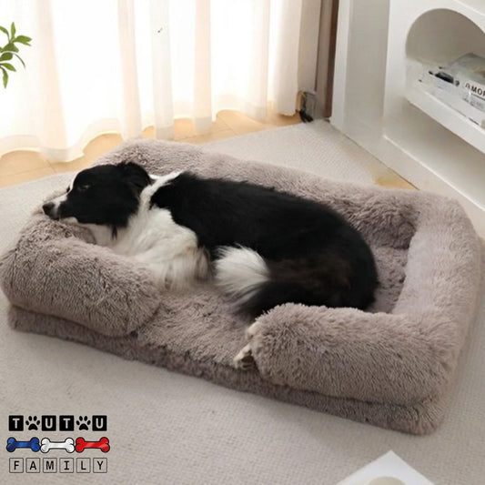 lit-orthopedique-pour-chien-mémoire-de-forme-un-border-collie-couché-confortablement-dans-son-lit-orthopédique-en-peluche-de-couleur-marron-beige