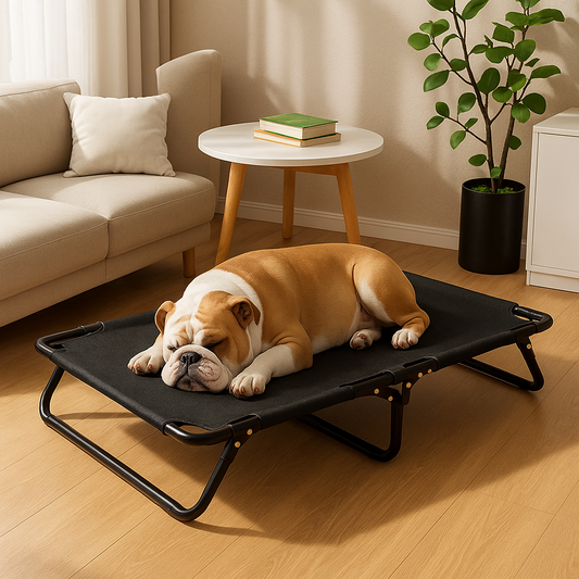 Lit-pour-chien-surélevé-pliable-antidérapant-structure et pied acier inoxydable anti-rayure-avec poignée de transport-maille respirante-ultra-résistante-ergonomique pour un soutien optimal qui protège sa colonne vertébrale et ses articulations-polyvalent-intérieur et extérieur-100% imperméable-un chien moyen qui dort paisiblement sur son lit de camp noir aéré et hygiénique lavable dans le salon de l'appartement
