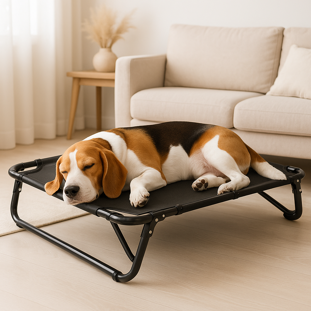 Lit-pour-chien-surélevé-pliable-antidérapant-structure et pied acier inoxydable anti-rayure-avec poignée de transport-maille respirante-ultra-résistante-ergonomique pour un soutien optimal qui protège sa colonne vertébrale et ses articulations-polyvalent-intérieur et extérieur-100% imperméable-un chien de taille moyenne qui dort paisiblement sur son lit de camp noir aéré et hygiénique lavable dans le salon de la maison de vacances
