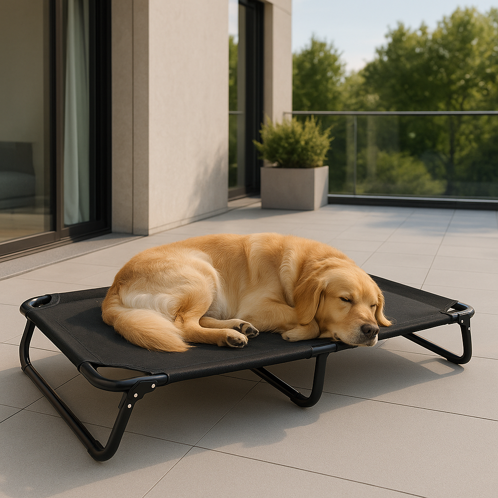 Lit-pour-chien-surélevé-pliable-antidérapant-structure et pied acier inoxydable anti-rayure-avec poignée de transport-maille respirante-ultra-résistante-ergonomique pour un soutien optimal qui protège sa colonne vertébrale et ses articulations-polyvalent-intérieur et extérieur-100% imperméable-un grand chien à poils longs qui dort paisiblement sur son lit de camp noir aéré et hygiénique lavable sur la terrasse de l'appartement