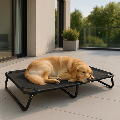 Lit-pour-chien-surélevé-pliable-antidérapant-structure et pied acier inoxydable anti-rayure-avec poignée de transport-maille respirante-ultra-résistante-ergonomique pour un soutien optimal qui protège sa colonne vertébrale et ses articulations-polyvalent-intérieur et extérieur-100% imperméable-un grand chien à poils longs qui dort paisiblement sur son lit de camp noir aéré et hygiénique lavable sur la terrasse de l'appartement